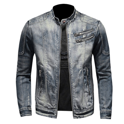 Fashion slim fit men's stand collar zipper Harley motorcycle denim jacket men's coat