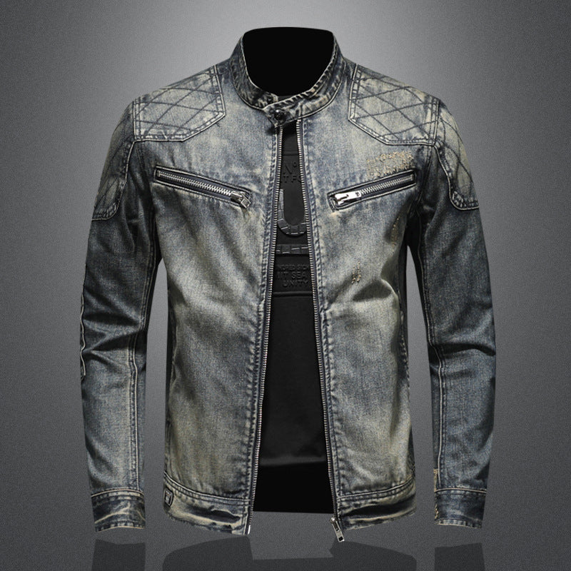 Men's spring denim jacket with stand collar and zipper