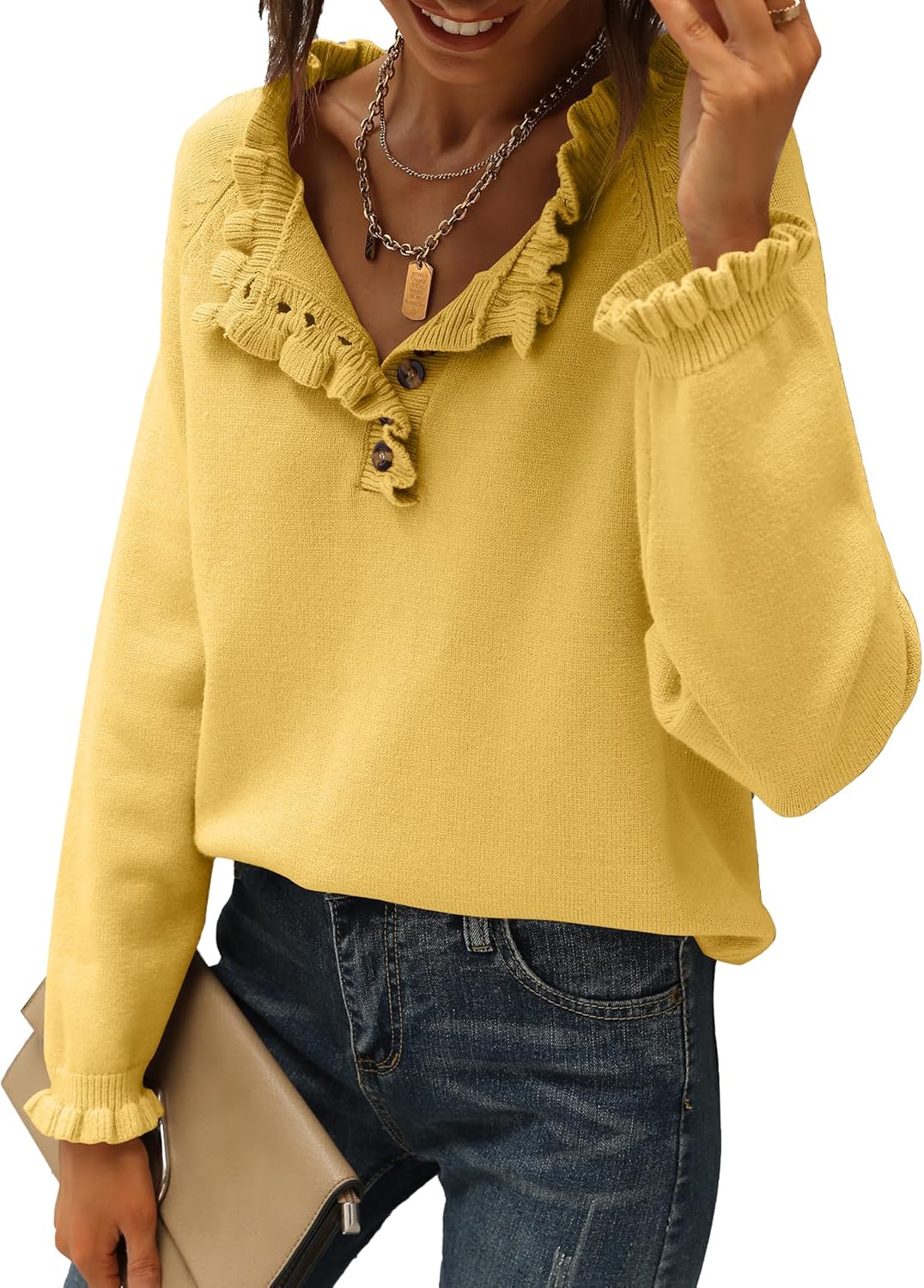 🔥Ruffle Trim Casual Knit Pullover Tops﻿