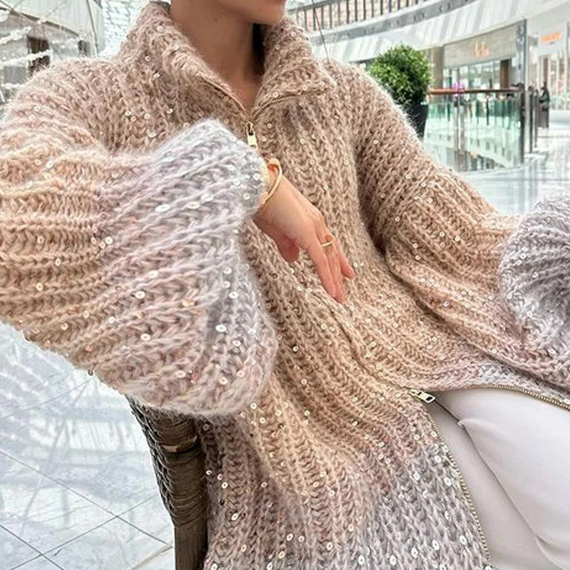 Solid color sequined knitted sweater