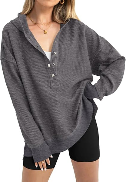 Womens Fashion Long Sleeve Hoodie Oversized Button Up V Neck Sweatshirt Side Slit Casual Pullover
