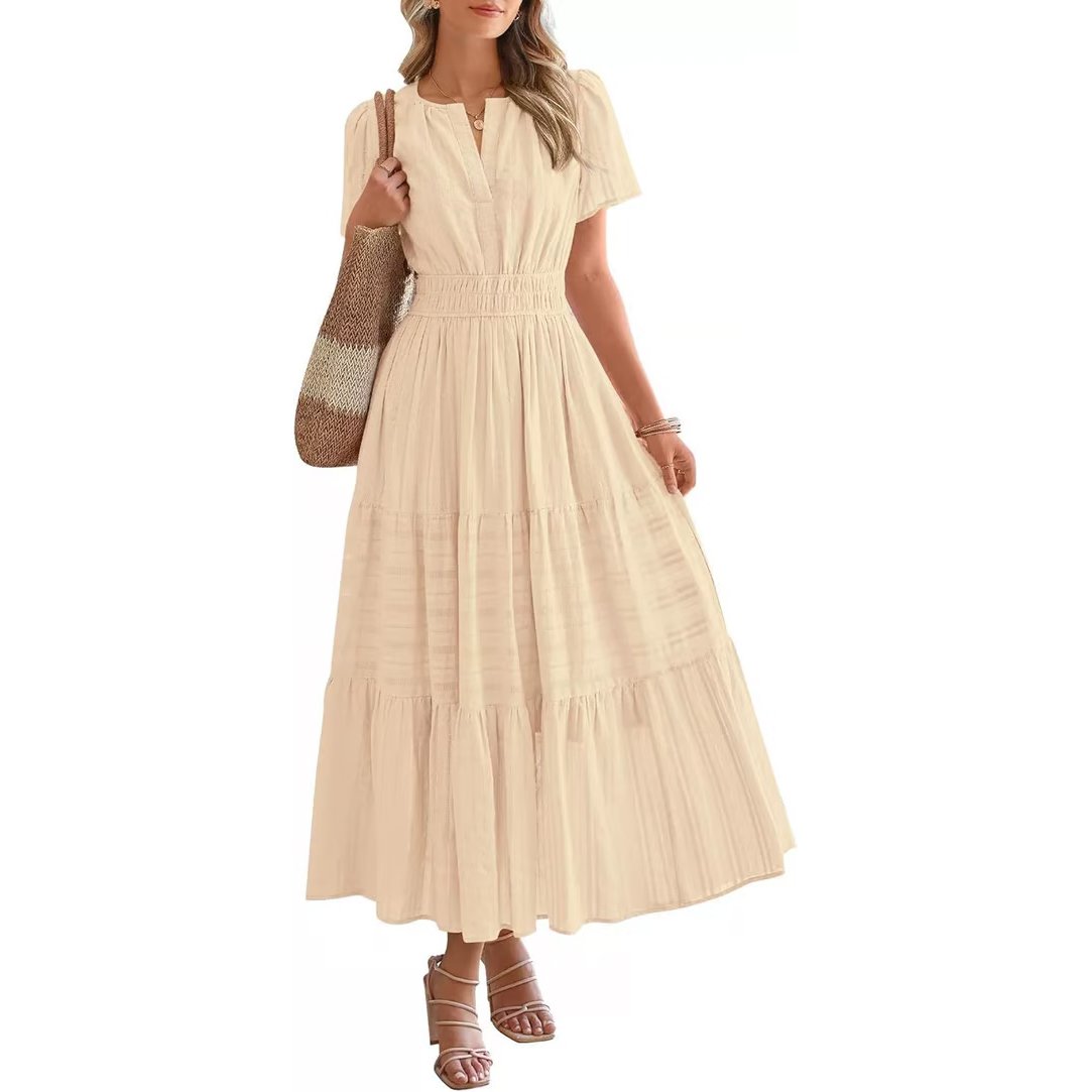 Casual Maxi Dress Lightweight Short Sleeve V Neck Boho Dress with Pockets