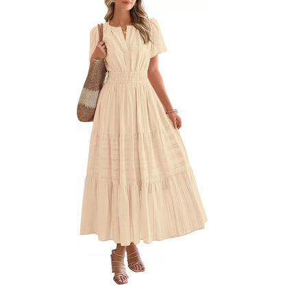 Casual Maxi Dress Lightweight Short Sleeve V Neck Boho Dress with Pockets