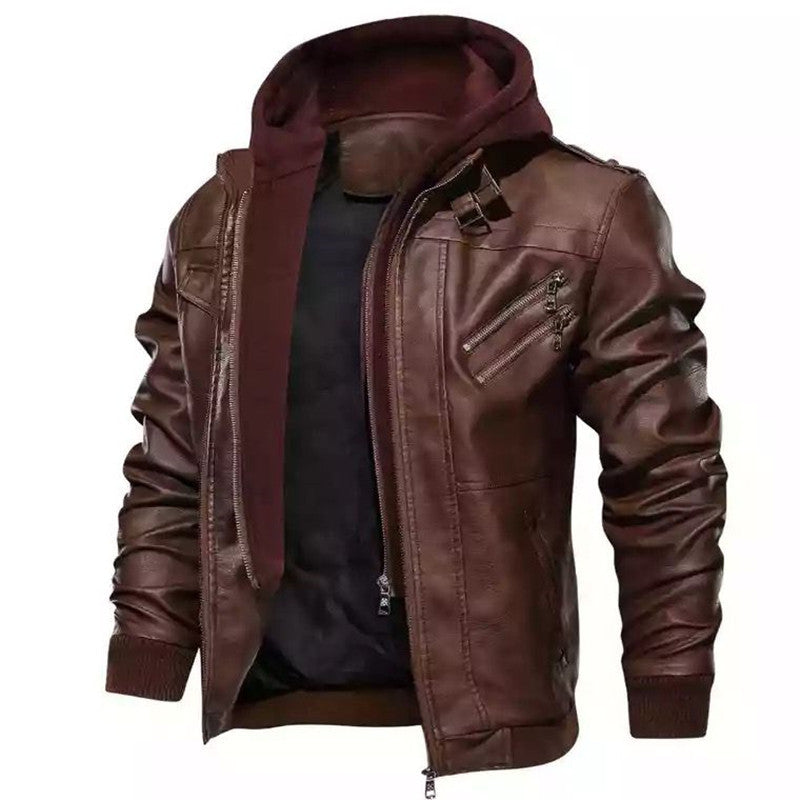 ❄️Men's Zipper PU Leather Hooded Jacket