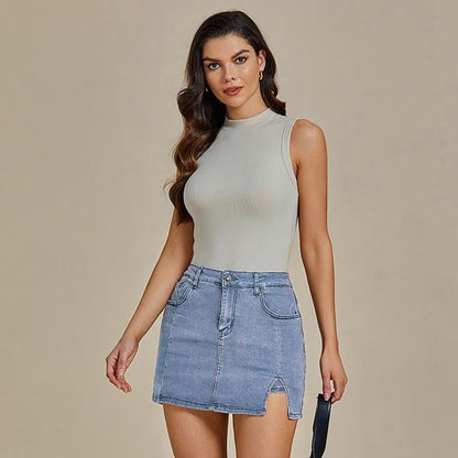 🔥Skorts Skirts for Women Denim Mini Skirt Side Slit with High Waisted Jean Shorts Stretchy
