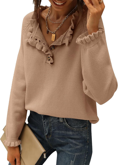 🔥Ruffle Trim Casual Knit Pullover Tops﻿