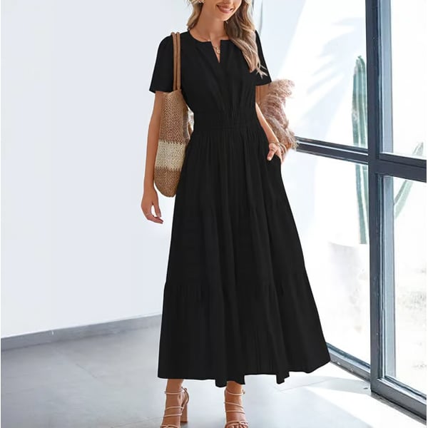 Casual Maxi Dress Lightweight Short Sleeve V Neck Boho Dress with Pockets