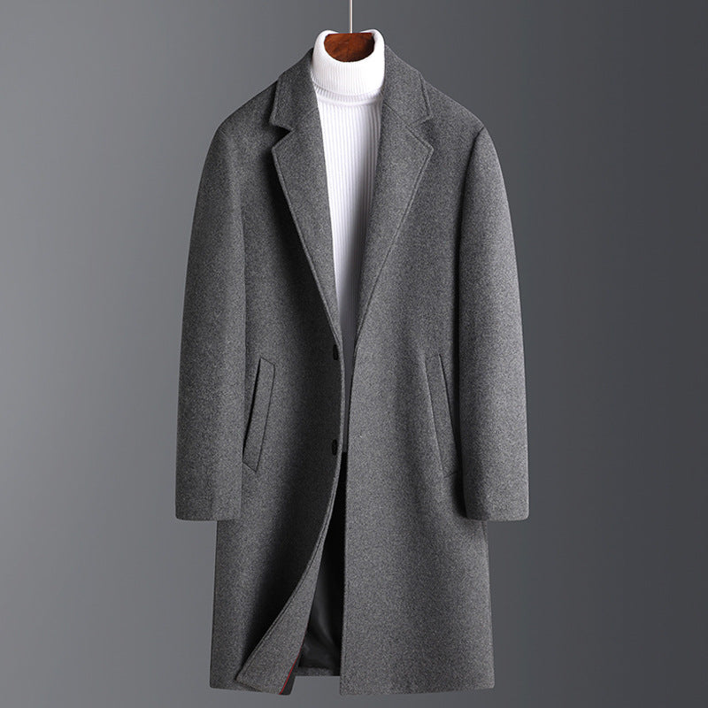 Men's mid-length Korean style casual winter thickened tweed coat