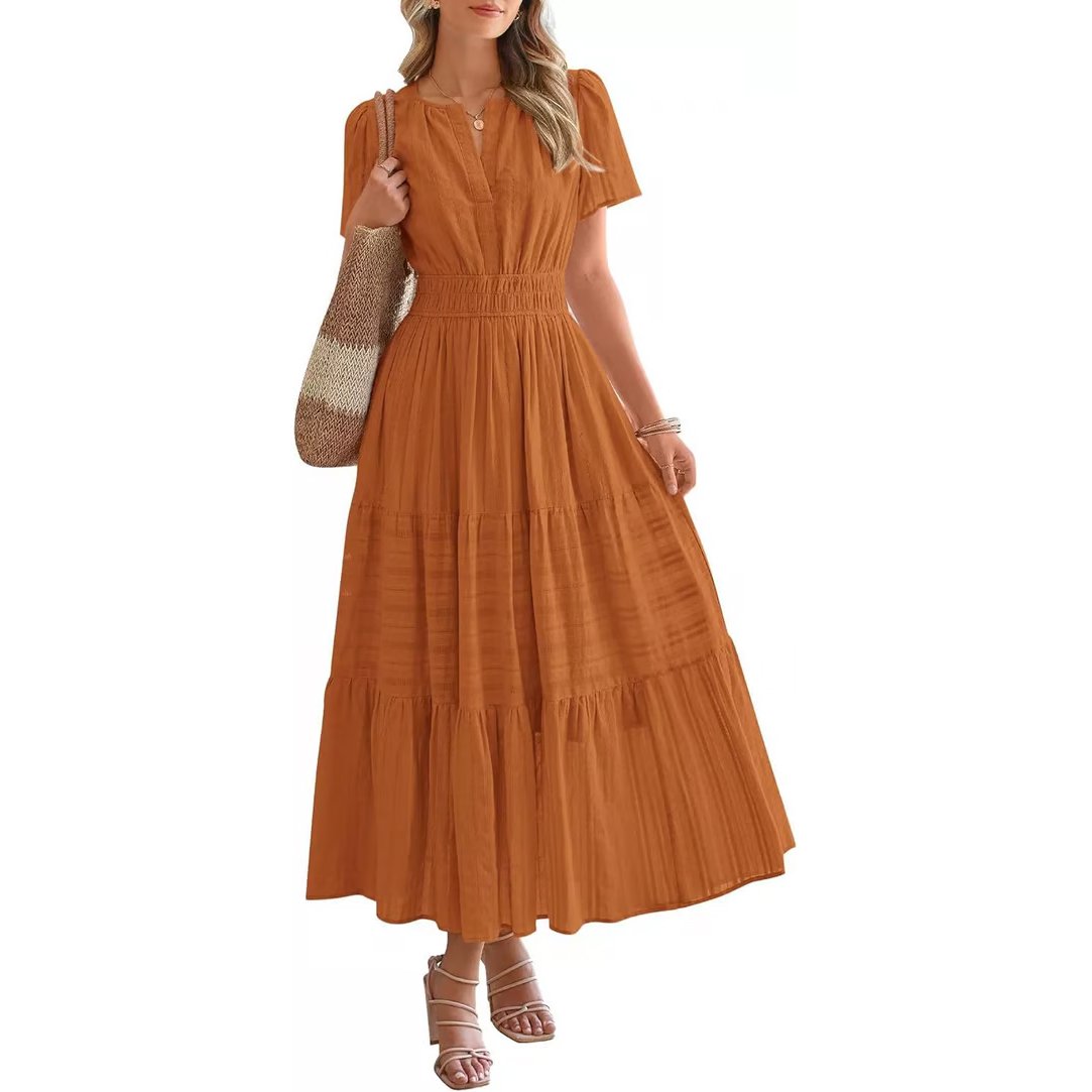 Casual Maxi Dress Lightweight Short Sleeve V Neck Boho Dress with Pockets