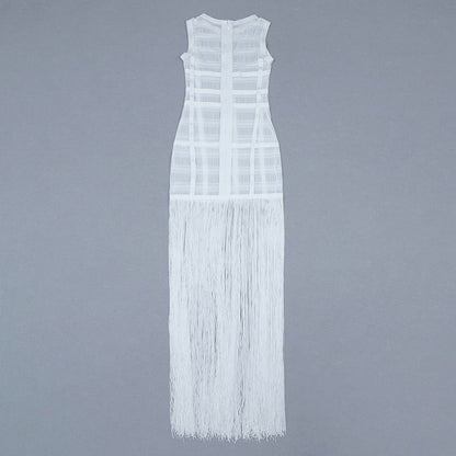 Hollow Fringe White Sleeveless One-piece Dress Summer Party Gathering Dresses