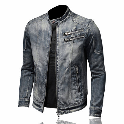 Fashion slim fit men's stand collar zipper Harley motorcycle denim jacket men's coat