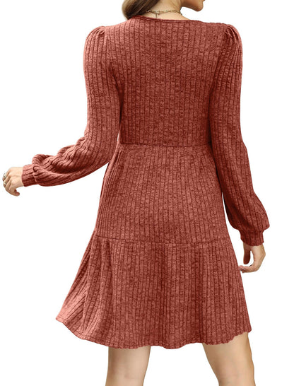 ⏰Women's Square Neck Lantern Sleeve Ribbed Dress