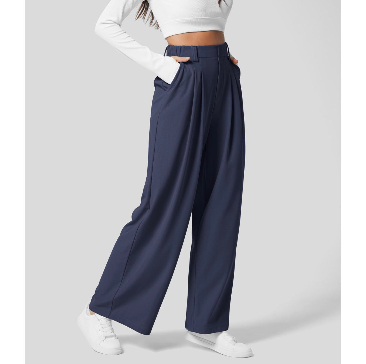 2025 High Waisted Plicated Side Pocket Wide Leg Waffle Casual Pants