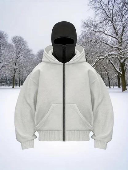 Men's Double Hooded Full Zip-Up Sweatshirt - Loose Drop Shoulder Warm Winter Hoodie Jacket for Gym & Outdoors