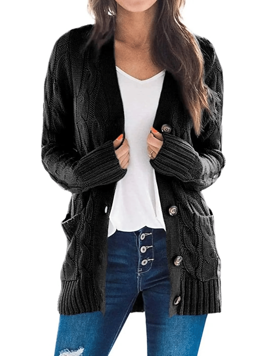 Women's Fall Casual Long Sleeve Button Down Open Front Cable Knit Cardigan