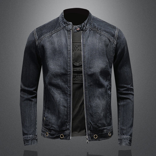 Men's Stand Collar Dark Blue Retro Zipper Denim Jacket