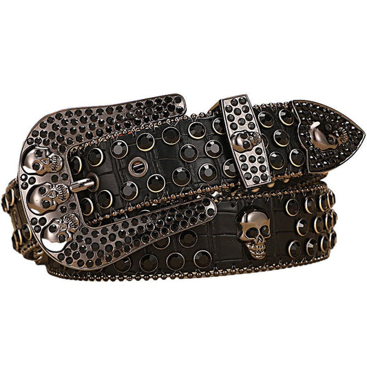 Skull Rhinestone Belt with Crocodile Pattern