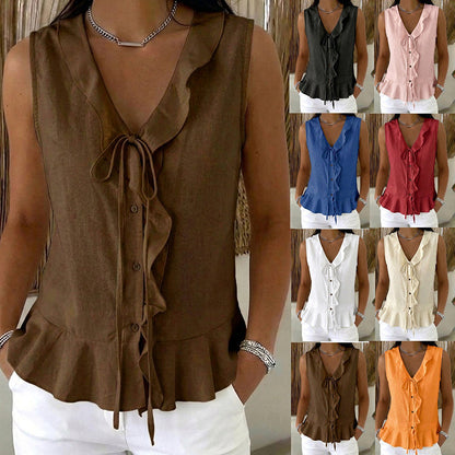 Women's Sleeveless Ruffle Trim V-Neck Top