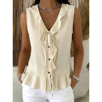 Women's Sleeveless Ruffle Trim V-Neck Top