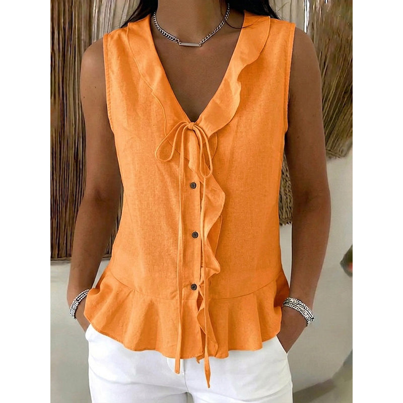 Women's Sleeveless Ruffle Trim V-Neck Top