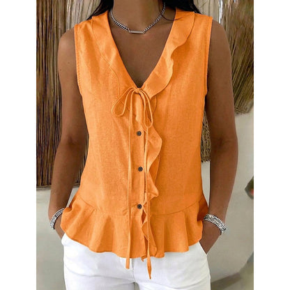 Women's Sleeveless Ruffle Trim V-Neck Top