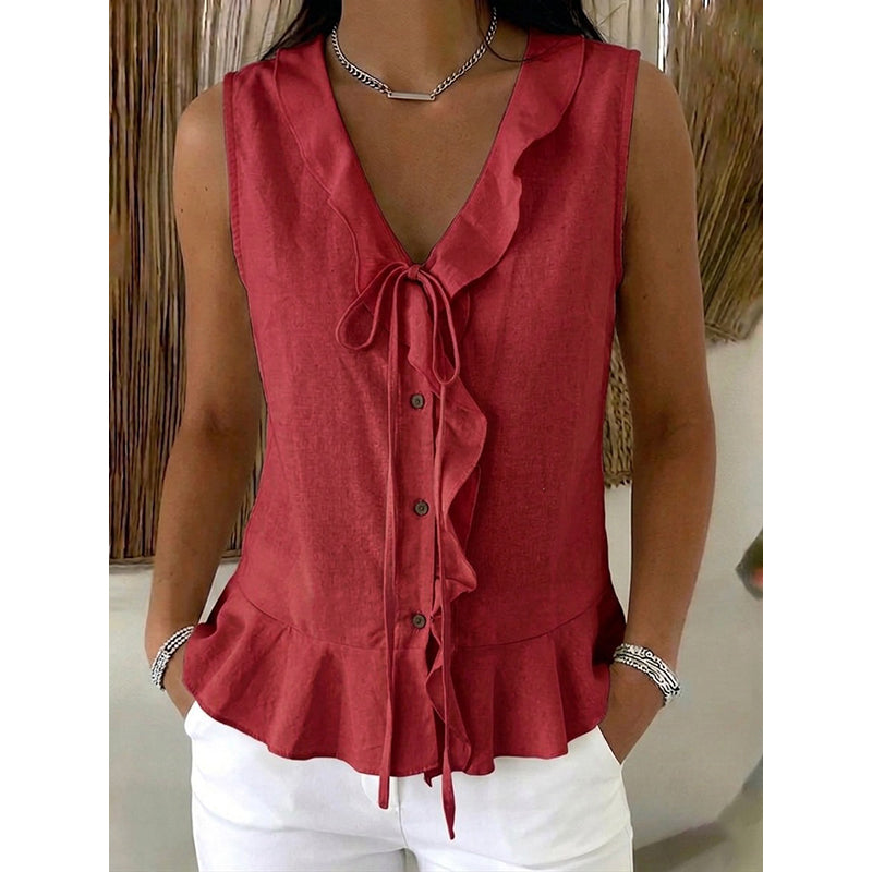 Women's Sleeveless Ruffle Trim V-Neck Top